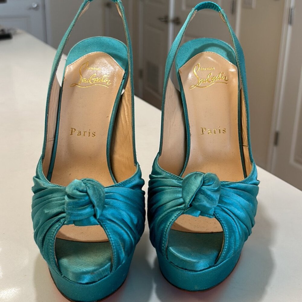 Christian Louboutin Turquoise Peep Toe Knot Slingback Heel